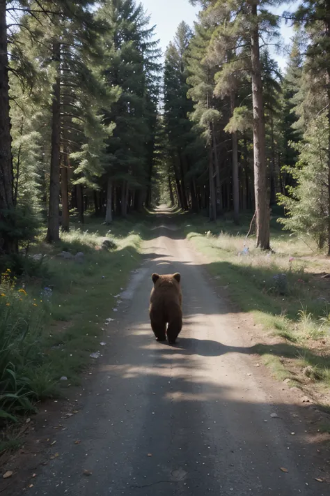 One bear is walking along the road in a summer forest, with grass and flowers at the sides and trees a little further ahead.