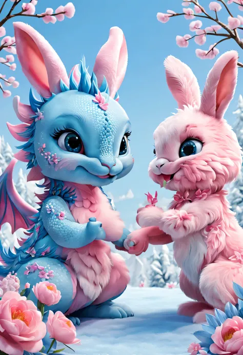 (2024 new year poster design),Pink and blue as main colors, (Cute and playful blue zodiac dragon is shaking hands with pink fluffy bunny),Wearing beautiful makeup,Long eyelashes,a happy new year,,(2024),a a happy new year,fresh flowers,