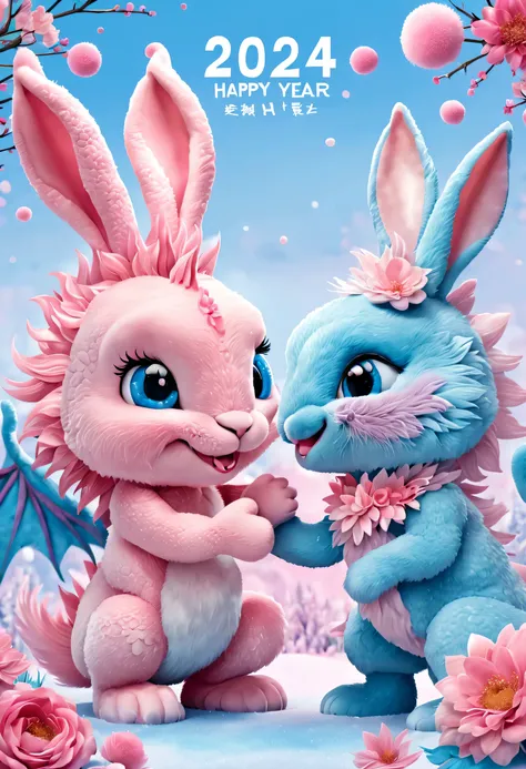 (2024 new year poster creative design),Pink and blue as main colors, (Cute and playful blue zodiac dragon is shaking hands with pink fluffy bunny),Wearing beautiful makeup,Long eyelashes,a happy new year,,(2024), a happy new year,fresh flowers,3 Rendering,...