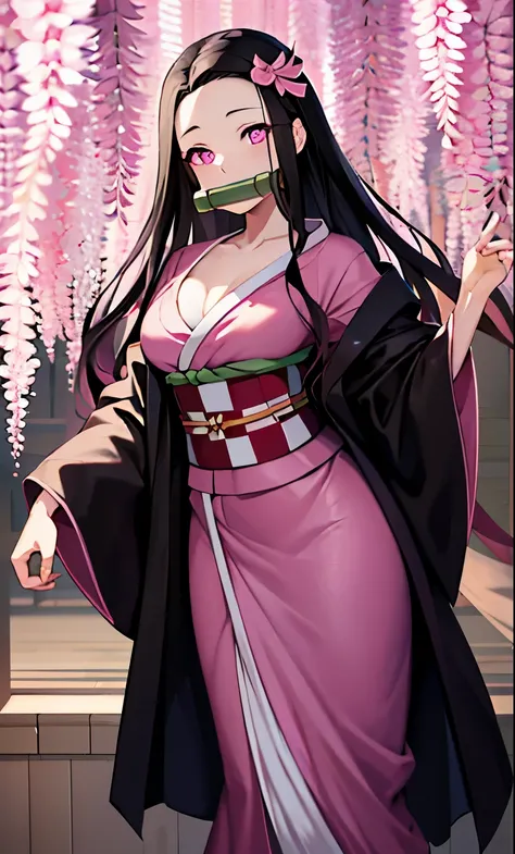 masterpiece, (pink kimono), seductive face, good lighting, décolleté, fine details, masterpiece, glowing eyes, 1girl, black hair, gag, bamboo, Nezuko Kamado, wisteria background, masterpiece, best quality, POV, whole body, wide hips,clothes open