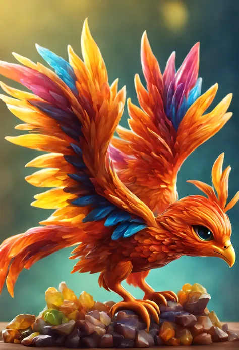 with realistic eyes and bright different colors、gorgeous little surreal phoenix, chibi, adorable and cute, logo design, cartoon,...