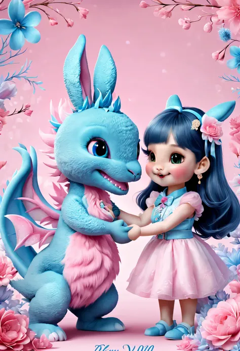 （2024 new year poster design），Pink and blue as main colors， (Cute and playful blue zodiac dragon is shaking hands with pink fluffy bunny）,Wearing beautiful makeup，Long eyelashes，a happy new year，，（2024），a a happy new year，fresh flowers，