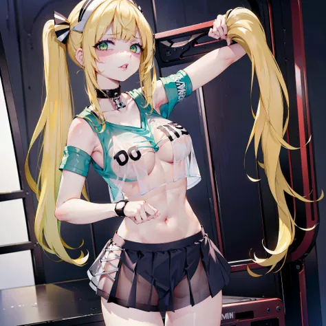 (8k, best quality, tmasterpiece:1.2),(eye detailed),(Facial features),((Clothes detail details)),(1 girl:1.3),(solo:1.35),full body,(/blonde hair/),(/green eyes/),(twintail hairstyle:1.2),(bright red lips:1.3),(/white skin:1.2/),Disgusted Face,huge breasts...