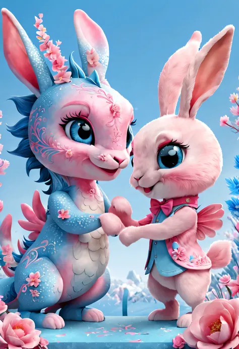 (2024 new year poster design),Pink and blue as main colors, (Cute and playful blue zodiac dragon shaking hands with pink rabbit),Wearing beautiful makeup,Long eyelashes,a happy new year,(2024), a happy new year,fresh flowers,