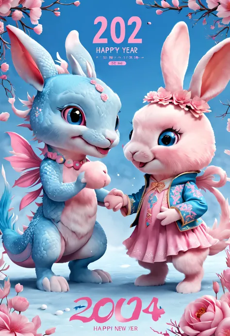 （2024 new year poster design），pink and blue as main colors， (cute and playful blue zodiac dragon shaking hands with pink rabbit）...