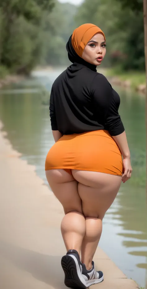 ((HIJAB MALAY GIRL)), ((BBW)), SHORTS, HUGE WIDE BUTT, WIDE BUTT, 63 YEAR OLD METURE womens, METURE womens, (ORANGE LIPS), (ADIDAS SNEAKERS), (TIGH SKIRT), walking in style on a Village river, (ANGRY FACE EXPRESSION), TRANSPARENT, STAYING, THICK FOG. FOGGI...