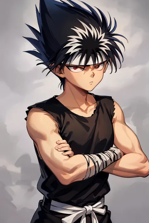 masterpiece, best quality, 1boy, hiei, black hair,  white hair, spiked hair, red eyes, headband, bandages, upper body, sleeveles...