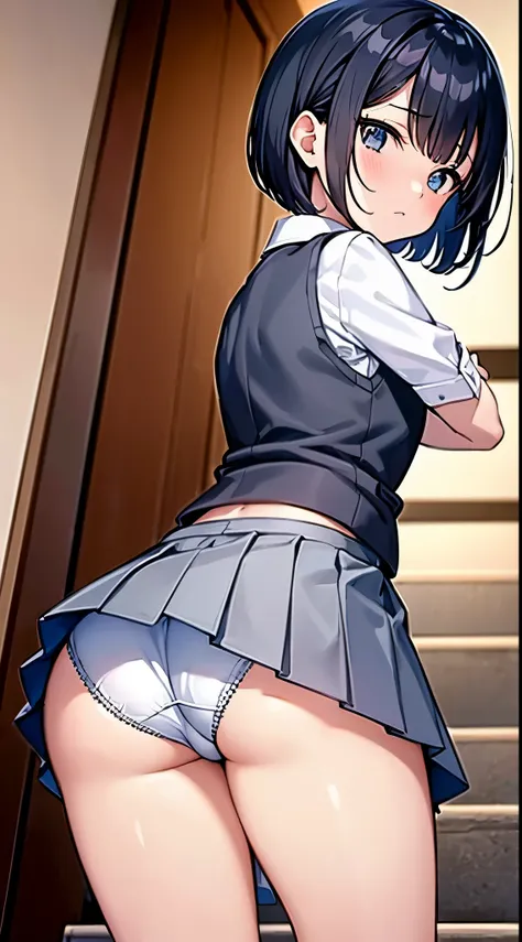 High image quality, masutepiece, 校服, Light blue underwear, Short skirt in grey,  Being at the top of the stairs, low angles, Best Quality, Black Hair Bob, Narrow-eyed, Backwards photo, Big buttocks, Big thighs, Looking back at this, White shirt, black knit...