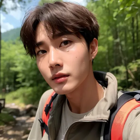 there is a man with a backpack on a forest trail, TaeJune Kim, Jungkook, Hyung Tae, com cabelos curtos, Kim Doyoung, headshot foto de perfilture, 8k!, foto de perfil, wan adorable korean face, 🚿🗝📝, foto de perfilture, Hong June Hyung, Inspirado em Jeonseok...