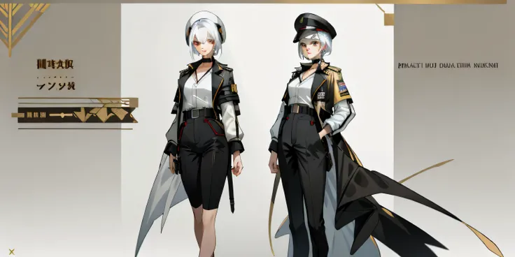 1 woman, concept art, full body, (masterpiece: 1.2), (best quality: 1.3), standing, short hair, ((white hair)),full lips,thick eyebrows,gold eyes,white shirt,black choker,black lips,harness,white jacket,military uniform,black hat, military hat