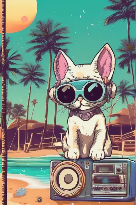 Cute stickers　Cat alien　Listen to music on the beach　suns　palm tree old surf style　Unreal