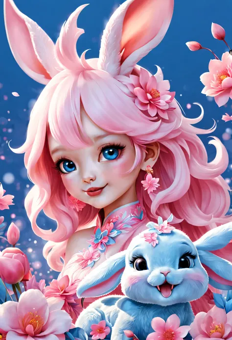 （2024 new year poster design），Pink and blue as main colors， (Cute and playful blue zodiac dragon and pink rabbit bowing）,Wearing beautiful makeup，Long eyelashes，a happy new year，（2024）， a happy new year，fresh flowers，