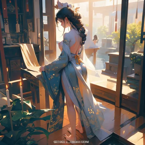 realistic photo, best possible quality,
meditation scene, tai-chi, Japanese yoga  ornamentation, tea house, flat place with decorative stones on the floor, plants alongside in harmony and a small waterfall.
we see the back of  a naked woman, on the floor, ...