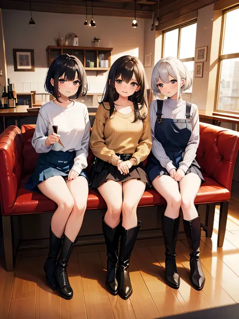 1,three women sitting next to each other.
2,The first woman is wearing a sexy knit and pleated skirt and long boots. her hair is cut short.
3,The second woman was、She is wearing a mini-knit dress with a large bust opening that clearly shows off her body li...