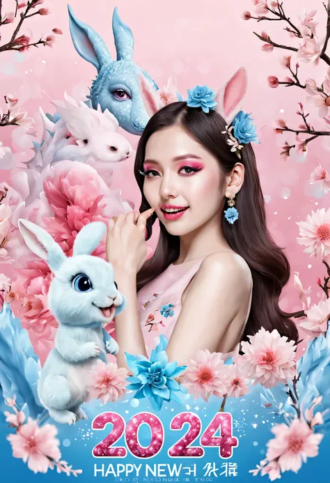 （2024 new year poster design），Pink and blue as main colors， (Cute and playful blue zodiac dragon and pink rabbit cheering）,Wearing beautiful makeup，Long eyelashes，a happy new year，（2024）， a happy new year，fresh flowers，