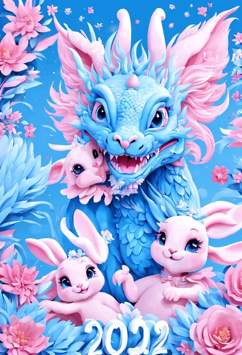 （2024 new year poster design），Pink and blue as main colors， (Cute and playful blue zodiac dragon is shaking hands with pink rabbit）,Wearing beautiful makeup，Long eyelashes，a happy new year，（2024）， a happy new year，fresh flowers，