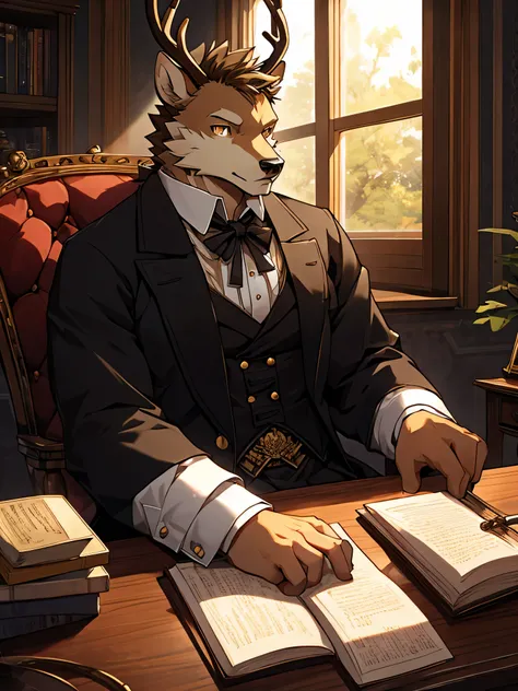 (ByZEphyrus)furry,bara,Shota,white fur deer,He is beautiful with golden eyes..,pitch black iris,muscular,not very high,Wear Victorian era clothing,The chair in front has a writing desk..,There is a window next to the table..,Look out the window.,My eyes ar...