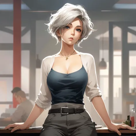 Anime girl sitting in bar，Holding a bottle of wine in his hand, girl with short white hair, Realistic art style, Guweiz style artwork, style Art germ, Most models | Art germ, Stunning character art, Fan Art Best Art Station, Rostelland style, Popular topic...