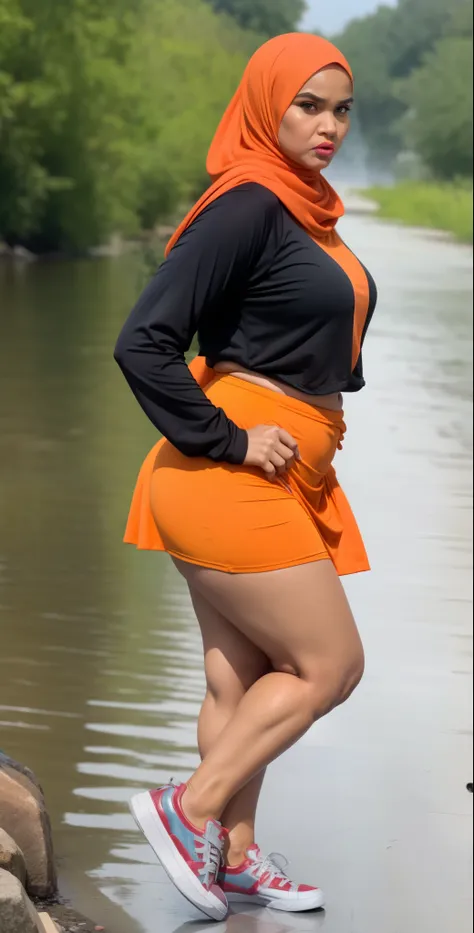 ((HIJAB MALAY GIRL)), ((BBW)), SHORTS, HUGE WIDE BUTT, WIDE BUTT, 63 YEAR OLD METURE womens, METURE womens, (ORANGE LIPS), (ADIDAS SNEAKERS), (TIGH SKIRT), walking in style on a Village river, (ANGRY FACE EXPRESSION), TRANSPARENT, STAYING, THICK FOG. FOGGI...