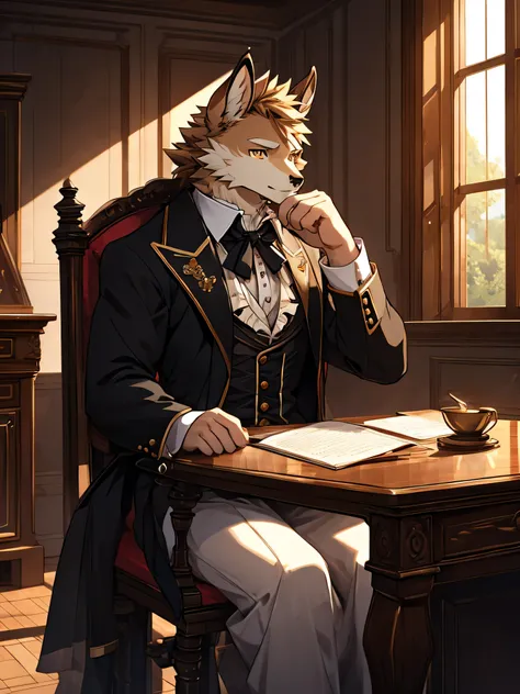 (ByZEphyrus)furry,bara,Shota,white fur deer,He is beautiful with golden eyes..,pitch black iris,muscular,not very high,Wear Victorian era clothing,The chair in front has a writing desk..,There is a window next to the table..,Look out the window.,My eyes ar...