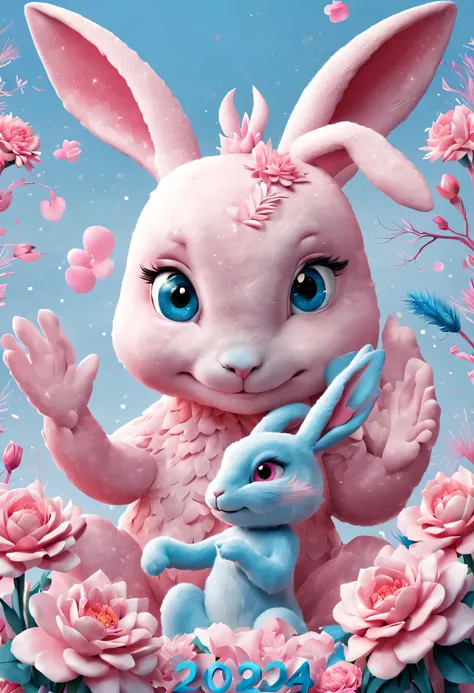 （2024 new year poster design），pink and blue as main colors， (cute and playful blue zodiac dragon shaking hands with pink rabbit）...