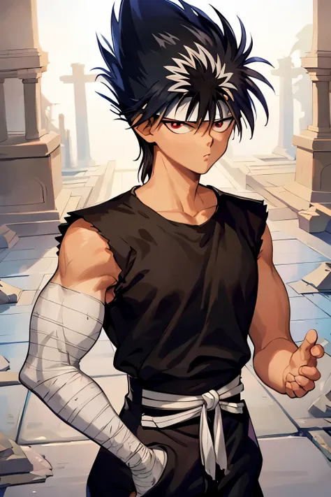 masterpiece, best quality, 1boy, hiei, black hair,  white hair, spiked hair, red eyes, headband, bandages, upper body, sleeveless, torn clothes, solo, sword, martial arts, ancient temple background