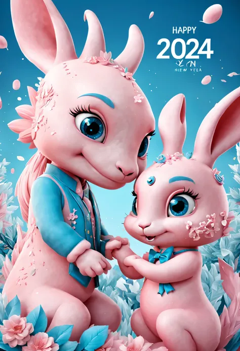 （2024 new year poster design），Pink and blue as main colors， (Cute and playful blue zodiac dragon shaking hands with pink rabbit）,Wearing beautiful makeup，Long eyelashes，a happy new year，（2024）， a happy new year，fresh flowers，