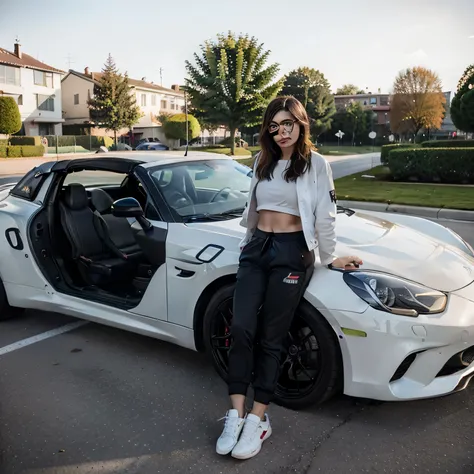 a woman standing next to a white sports car with a black top, sitting in her car, convertible, mia khalifa, wearing a track suit, stylish pose, profile image, sportscar, cropped shirt with jacket, roadster, open top, casually dressed, wearing off - white s...