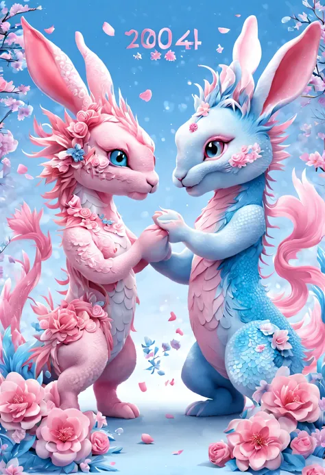 （2024 new year poster design），Pink and blue as main colors， (Cute and playful blue zodiac dragon shaking hands with pink rabbit）,Wearing beautiful makeup，Long eyelashes，a happy new year，（2024）， a happy new year，fresh flowers，