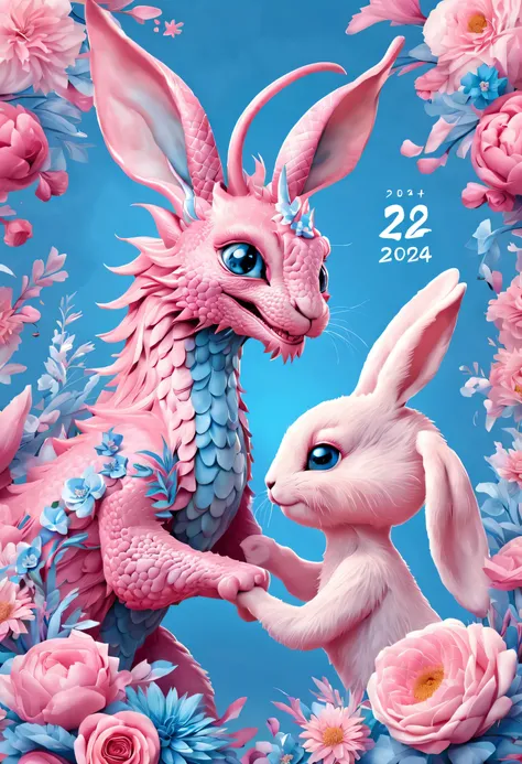 （2024 new year poster design），Pink and blue as main colors， (Cute and playful blue zodiac dragon shaking hands with pink rabbit）,Wearing beautiful makeup，Long eyelashes，a happy new year，（2024）， a happy new year，fresh flowers，