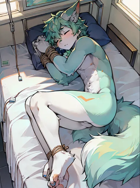 (best qualtiy，Best detail), solo person， wolf-eared young male，Light green hair, Shirtless, White belly，sleeping on a bed, hands and feet tied with ropes, hospital, in the operating room