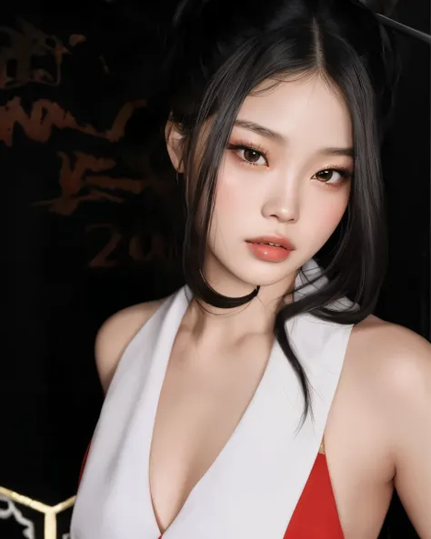 um close up de uma mulher com um vestido vermelho e branco, jennie blackpink, Xision Wu, Asian girl, beautiful Asian girl, menina coreana, asian features, Mulher sul-coreana bonita, young cute wan asian face, a young asian woman, gorgeous chinese model, Go...