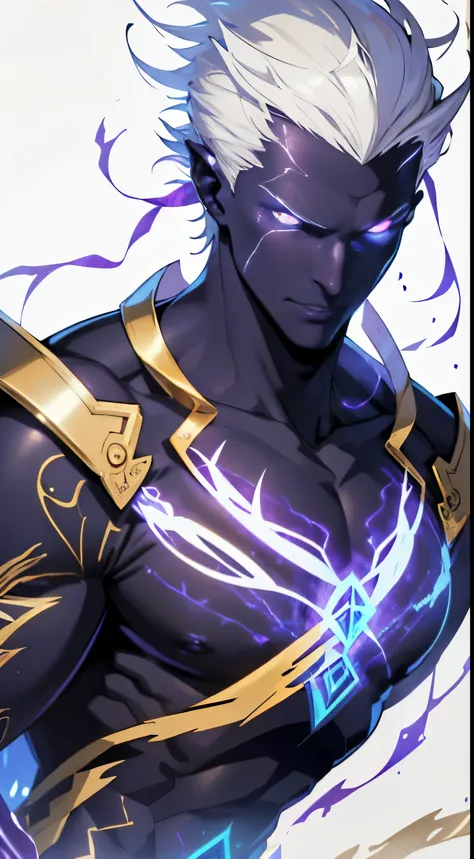 (best quality,4k,Altas:1.2),ultra-detalhado,(Realistic:1.37) a white-haired megatrix man wearing a white kimono with gold details and several runes running down his body,illustration,retrato,etherial lighting,foco nítido,vivid colors,estilo de arte tradici...