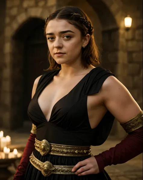 Foto RAW, RAW photograph of Maisie Williams, Arya Stark, mediaeval world cinematic background, Extremely gorgeous lady, Arya Stark PLAYED BY MAISIE WILLIAMS, Queen Arya Stark, she  a mature woman now, milf, sexy mediaeval battle dress, gladiator woman, bod...