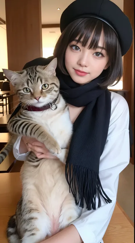 (On the table, quality),1 girl in, 独奏, 漆黒の艶のある髪quality, scarf, Hats, Realistic, looking at viewert, bright dark eyes, short detailed hair, Manteau, Winter clothes, ホワイトヘッドscarf, cparted lips, Gloss on lips,, a closed mouth, The upper part of the body、large...