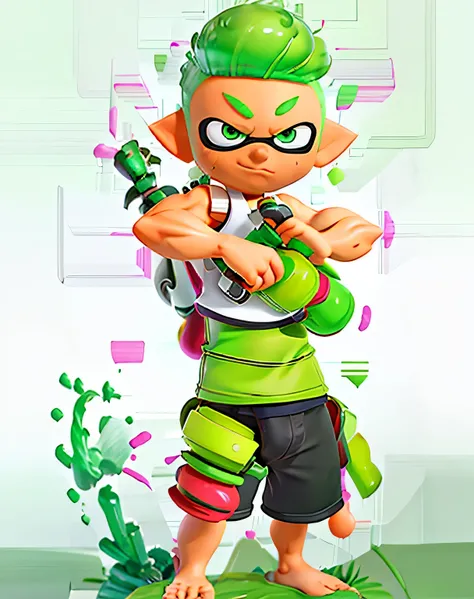 anime character with green hair and glasses posing for a picture, muscular! green, muscular!!, muscular!!!, super buff and cool, zerochan, green colored skin!!, rule 34, sweaty skin!!, muscular!, sweaty wet skin, with splatoon style, muscular!! sci-fi, a m...