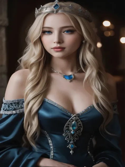 una mujer con un vestido azul y tiable posando para una foto, very beautiful elven top model, beautiful elven princess, Princesa medieval, Rubia - Princesa de pelo, blonde elvish empress, recargado , elven princess, Hermosa y elegante reina elfa, hermosa d...