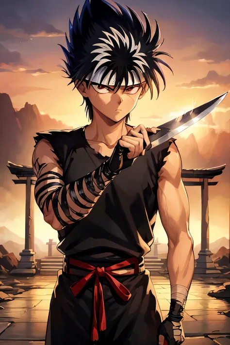 masterpiece, best quality, 1boy, hiei, black hair,  white hair, spiked hair, red eyes, headband, bandages, upper body, sleeveless, torn clothes, solo, sword, martial arts, ancient temple background, (Black Dragon background)