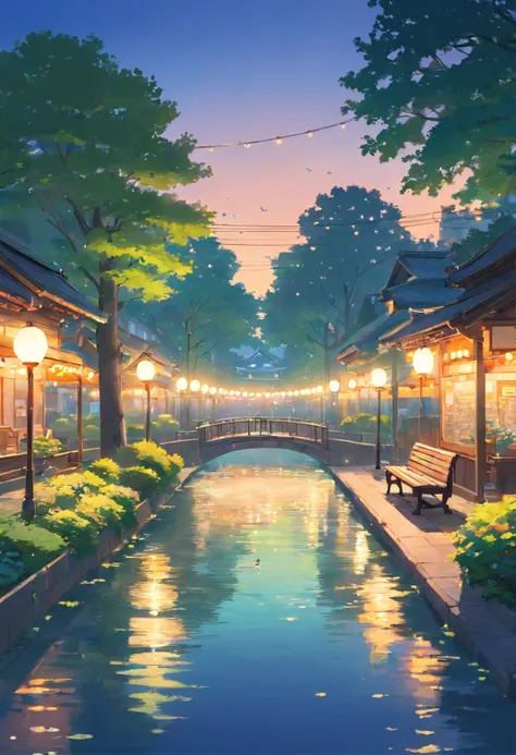 Evening park. A calm, quiet street, you can add a pond with ducks, lanterns, benches, a gazebo. Its summer time.