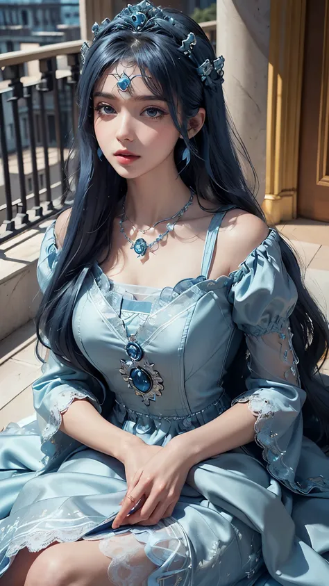 8k, masterpiece, 1 girl, beautiful face, very long hair, hair ornament, light makeup, detailed eyes, small round breast, ultra detailed clothes, (blue princess dress:1.5), lace:1.5, ((closed up)), necklace, jewellery, amazing balcony background, sitting,