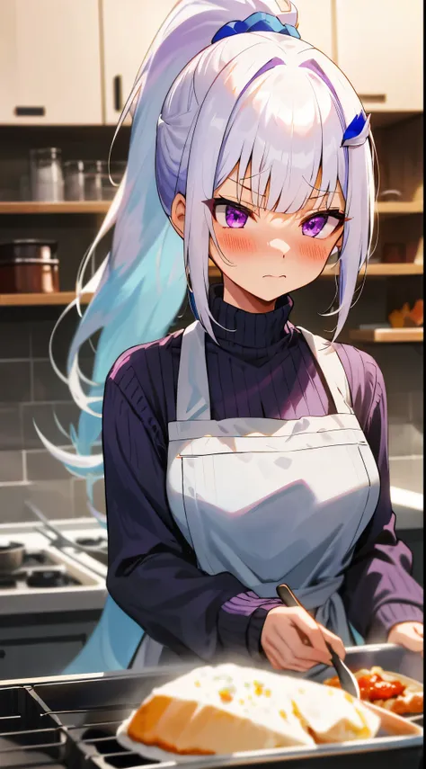 One girl with high ponytail hair, bangs, white hair, blue inner hair:1.25) , purple eyes, blushing, serious expression, indoor, Cooking food, kitchen, sweaters, apron, mid-chest, day atmosphere, hair ornament, medium breasts, upper body, focus, blurry back...