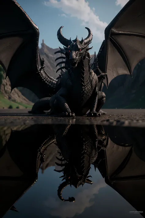 a reflective stoic black dragon, com cicatrizes, 3d animation