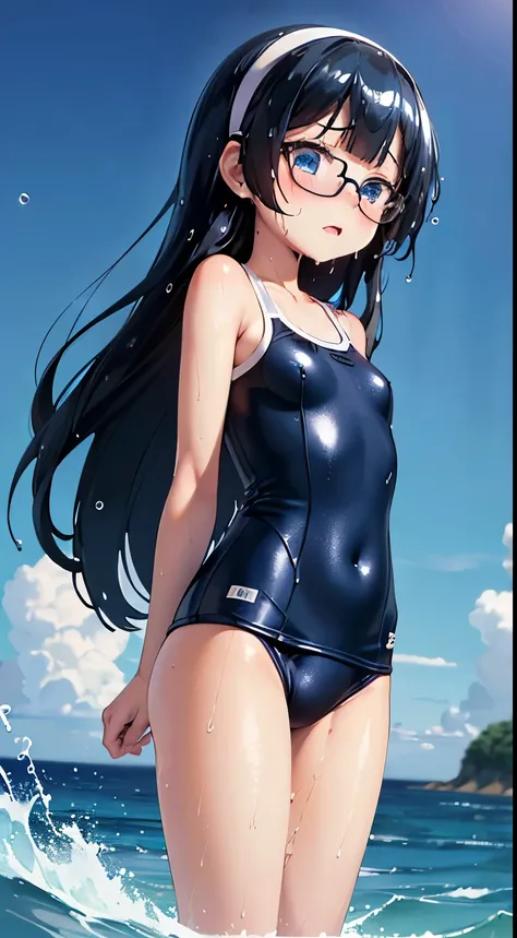 masterpiece, best quality, extremely detailed, anime, ((((petite,)))) (((1 girl,))) (((solo,))) young, long hair blown up, blunt bangs, detailed black hair, cute face, small Breasts, beautiful detailed blue eyes, white skin, braun hairband, ((navy blue sch...