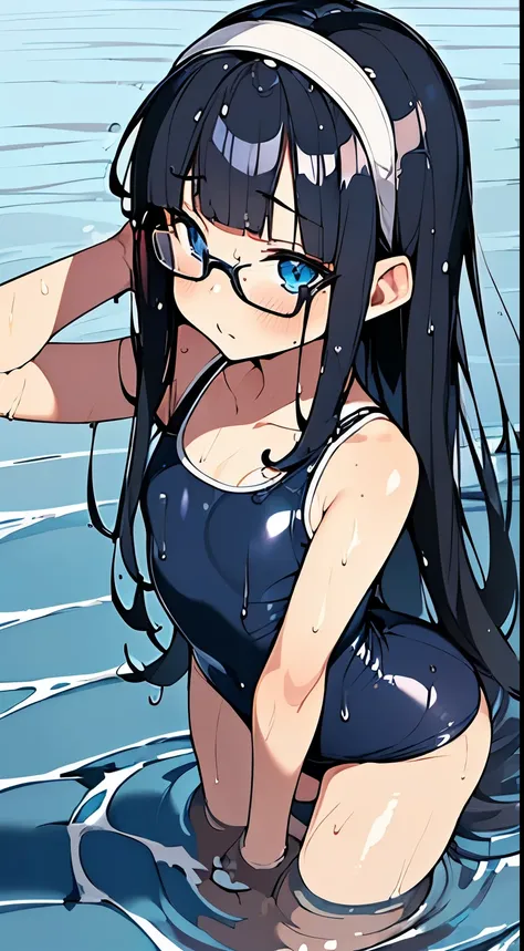 masterpiece, best quality, extremely detailed, anime, ((((petite,)))) (((1 girl,))) (((solo,))) young, long hair blown up, blunt bangs, detailed black hair, cute face, small Breasts, beautiful detailed blue eyes, white skin, braun hairband, ((navy blue sch...