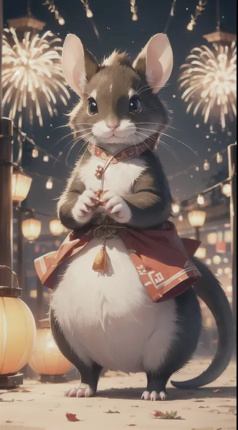 (best quality,highres,masterpiece:1.2),ultra-detailed,realistic,rat,adorable,cute,long-tailed creature,big ears,whiskers,curious eyes,pointy nose,soft fur,squeaky sound,playful,small size,nimble movements,cheerful,celebration,new year vibes,festive,traditi...