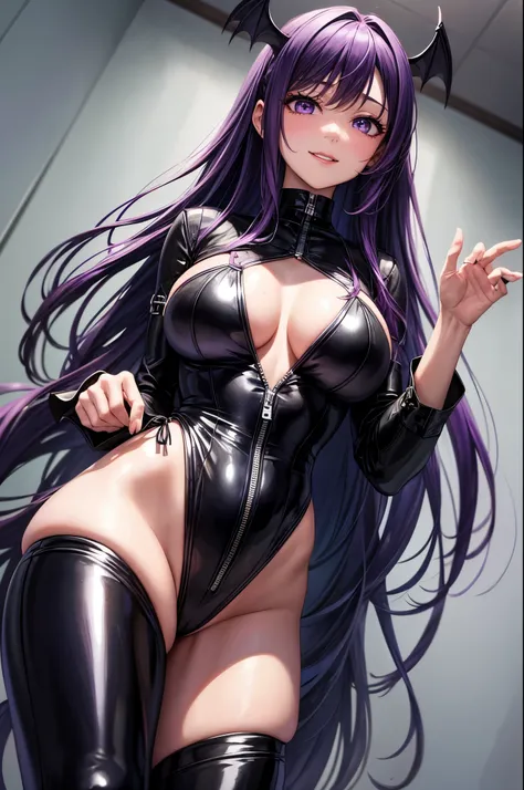 1girl, beautiful face, cute face, pretty, purple hair color, long hair, straight hair, hair bang, straight hair bang, purple eyes, mature woman, mommy, big tits, succubus, demon wings, smiling sadistically, leather leotard, black leotard, big breasts, pubi...