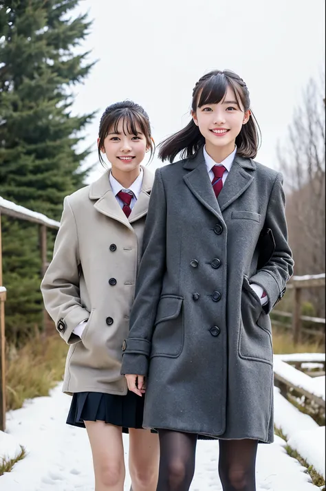 girls walking on snowy rural path,long-sleeved long coat over school uniform,school bag,18-year-old,bangs,a little smile,thighs,short cut hair,low ponytail,hair browing,from below,frontlighting