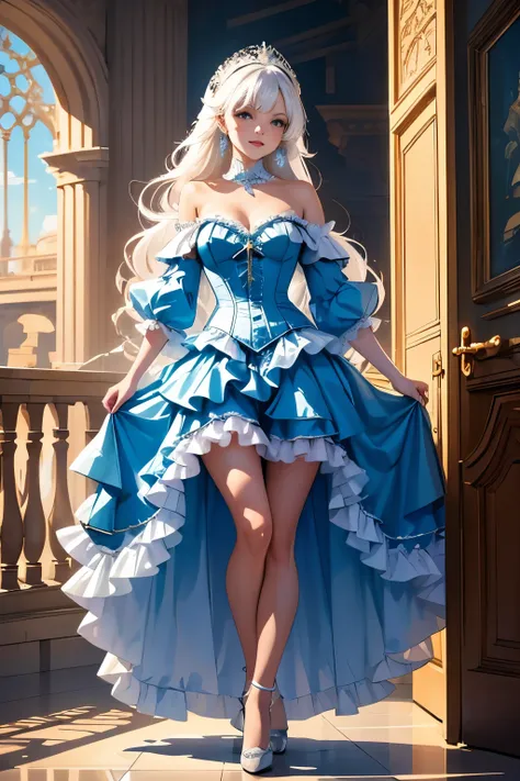 highly detailed raw color photo, full body, 16 years old, blue dress, off shoulder dress, lolita dress, pixar style, in the styl...