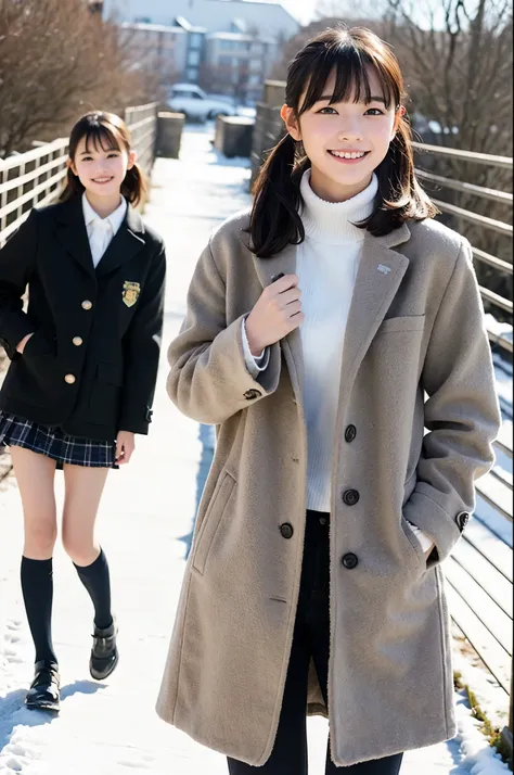 girls walking on snowy rural path,long-sleeved coat over school uniform,school bag,18-year-old,bangs,a little smile,thighs,short cut hair,low ponytail,hair browing,from below,frontlighting