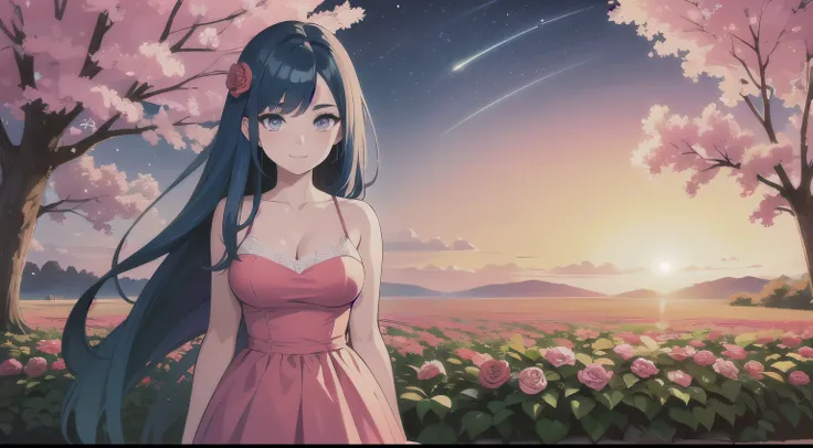 8k, RAW Photo, Fujifilm, style photo of a beautiful young woman like Avril in a light pink rose garden (highly detailed skin: 1.2), night, Style-Petal BREAK long hair, blue hair with colored highlights, wearing a dress, grain film, 35mm, beautiful style